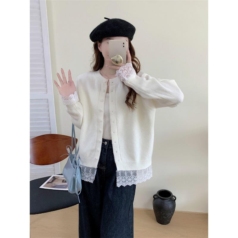Autumn and winter new design lace splicing lace knitted cardigan women's loose age-reducing sweater jacket