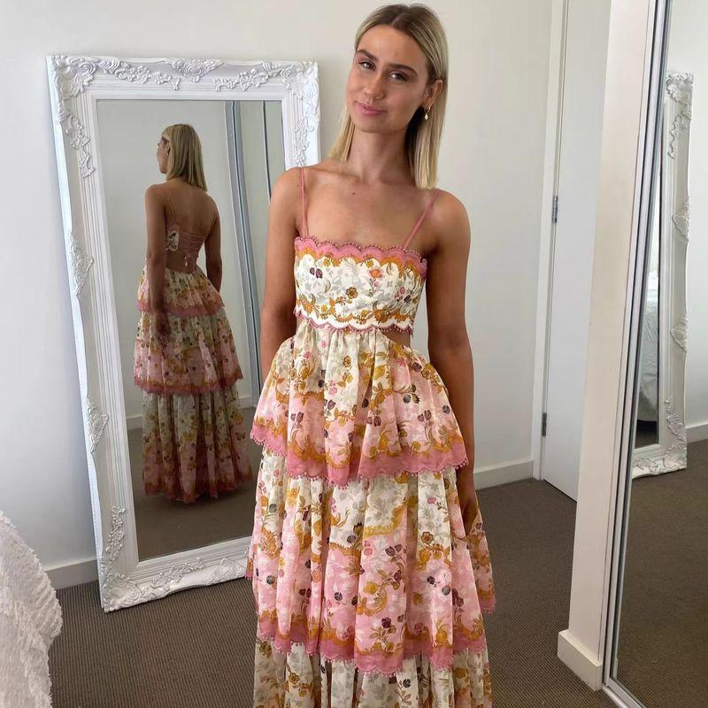 

Western Style Sexy Sling Embroidery Cake Dress Sexy Backless Embroidered Dress Pink S