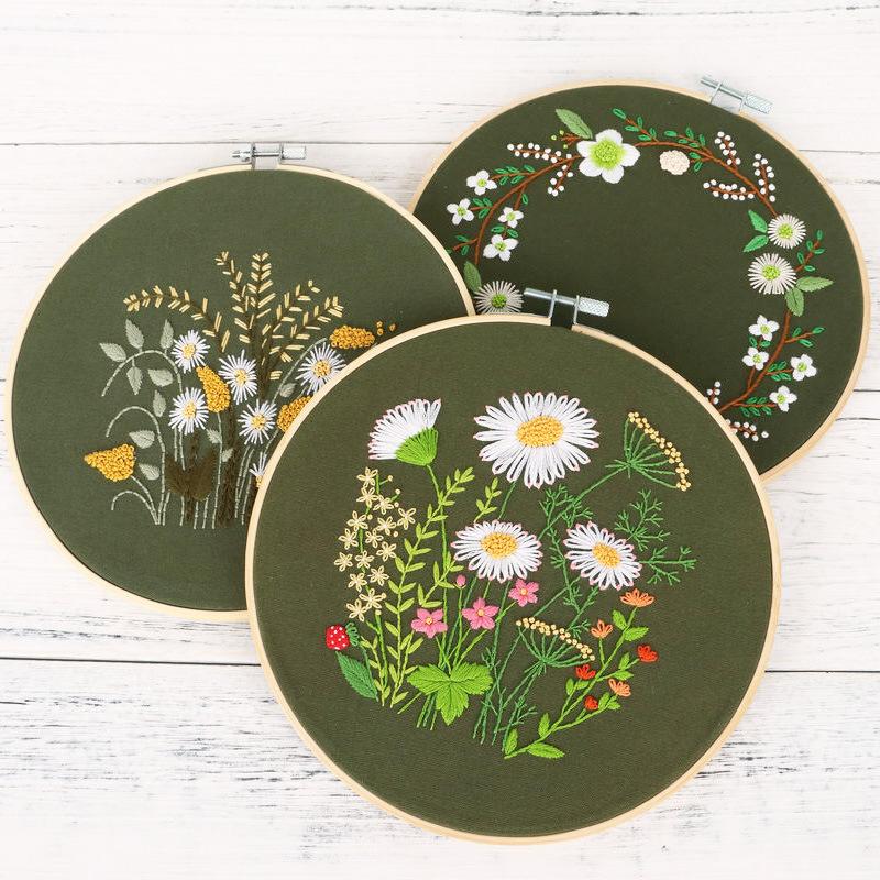 Green Chrysanthemum Dandelion Green Daisy Wreath Diy Handmade Embroidery Material Pack Cotton Cloth