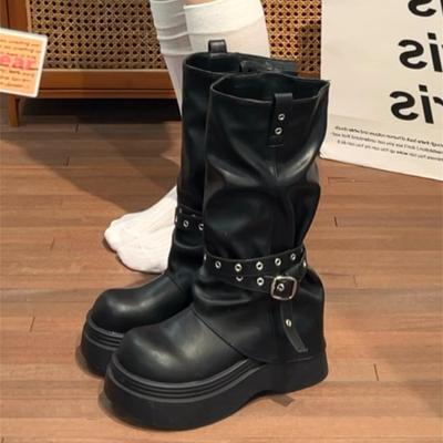 Hottie Platform Thick Heel Women Pipe Knight Fashion Belt Buckle Female Punk Mid Calf Booties De Muje