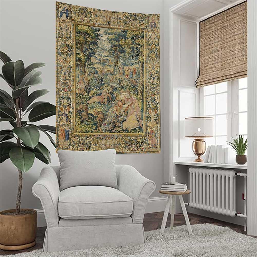Medieval Forest Tapestry, Vintage Wall Hanging with Renaissance Style Court Scene In Lush Greenery, for Bedroom Decor