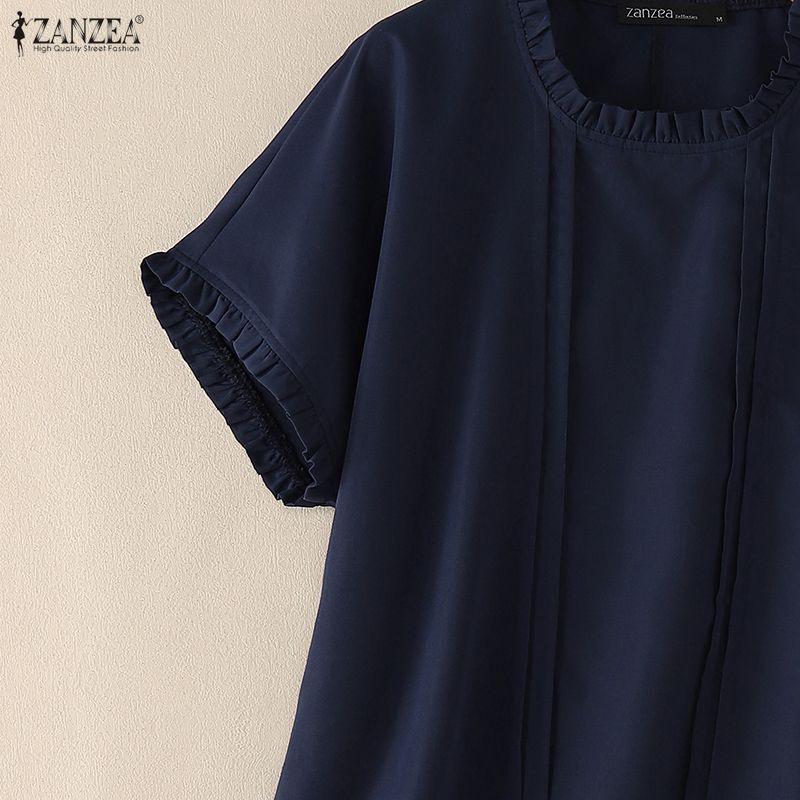 ZANZEA Women Casual Round Neck Solid Color Summer Short Sleeve Blouse