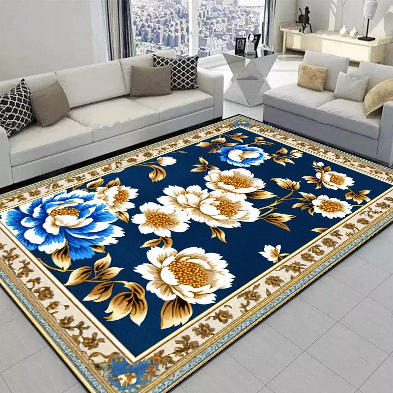 Carpet for Living Room European Classical Blue Flower Carpet Non-slip Bedroom Large Area Floor Mat Washable Cloakroom Lounge Rug