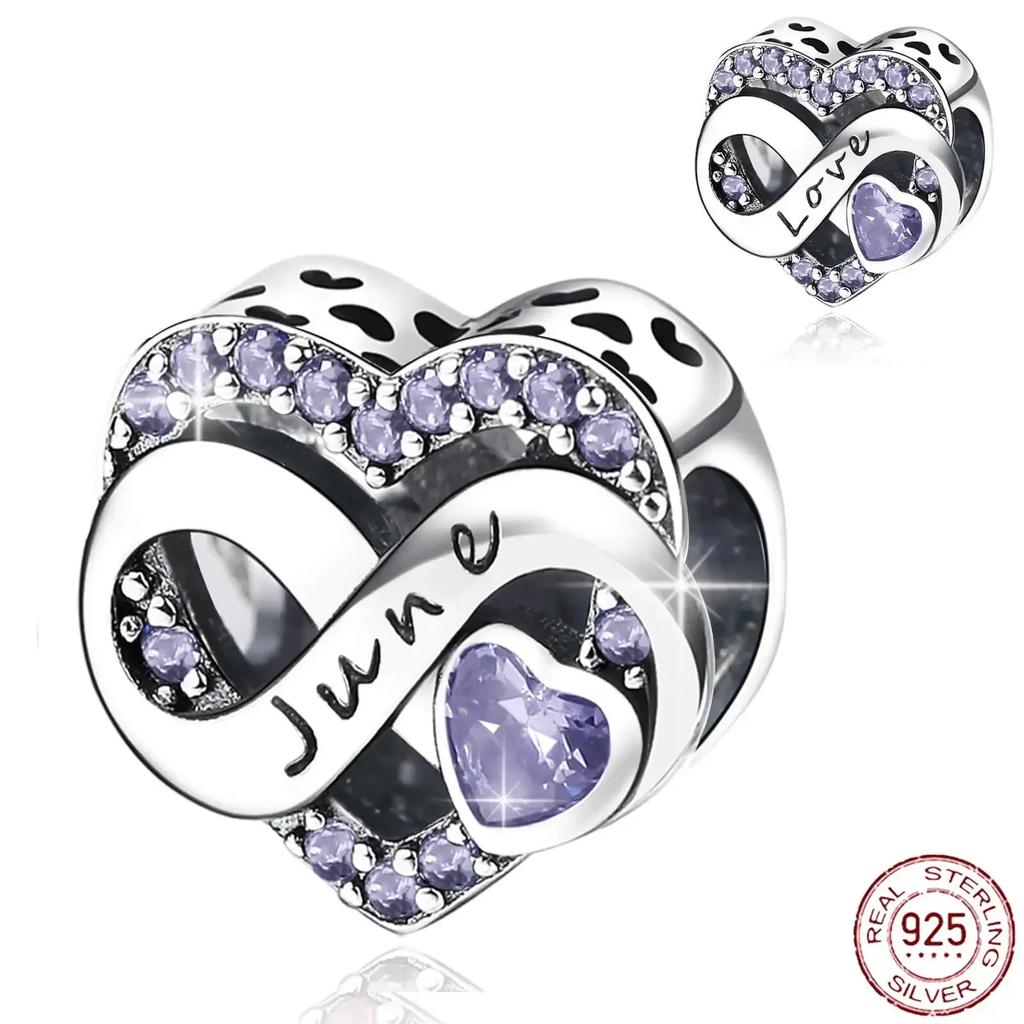 925  Silver January-December Birthday Stone Love Zircon Pendant Bead Fit Charms Necklace Bracelet Women Jewelry DIY Gift