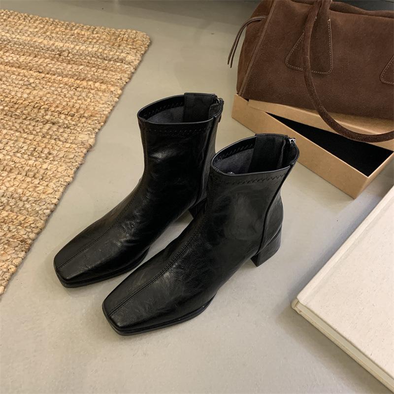 2025 autumn and winter new retro medium boots thick heel elastic single boots square head thin boots women's short boots genuine leather boots women
