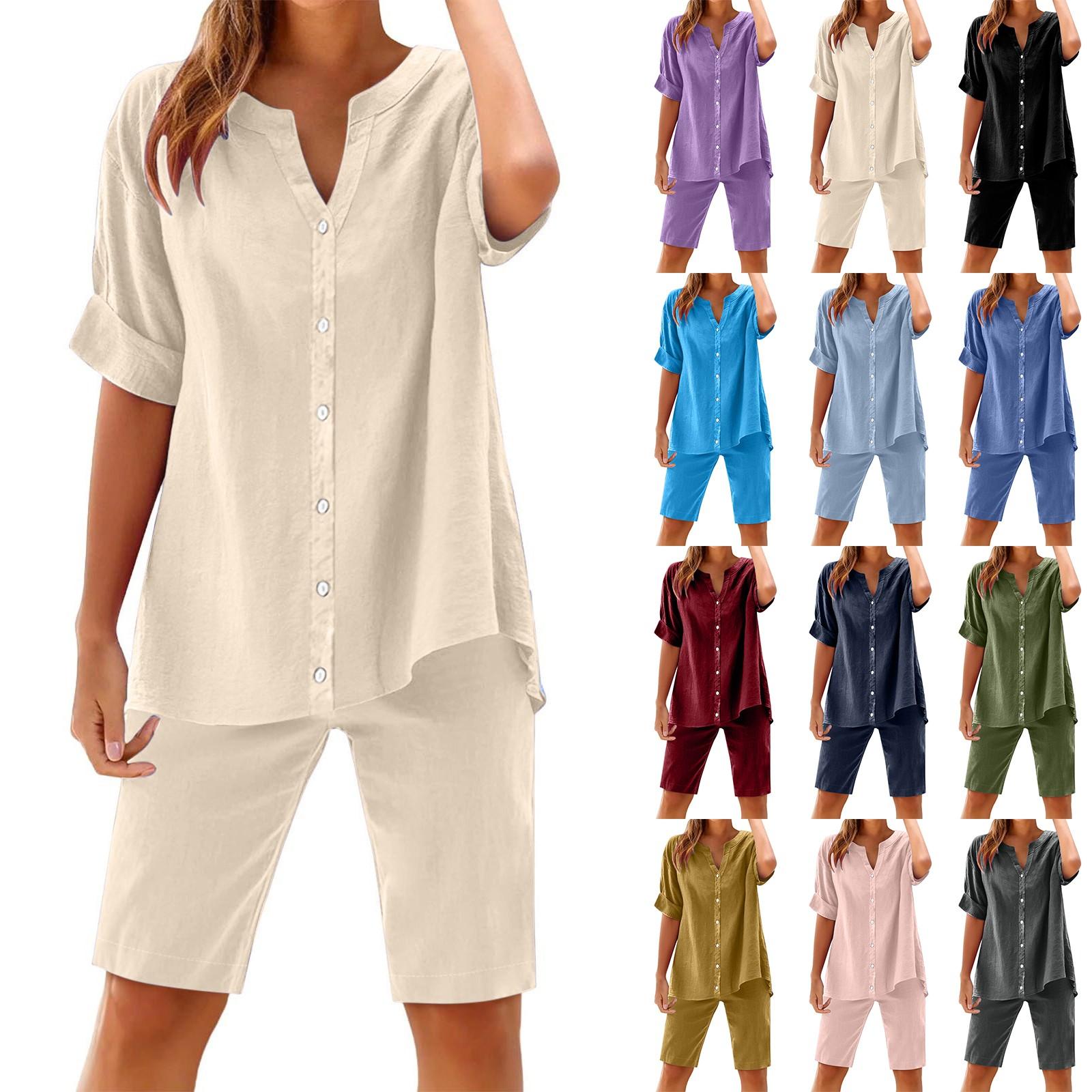 

Women s Casual Fashion Sexy Short Sleeve Pullover Shirt Round Neck Literary Retro Solid Color Casual Split Suit L