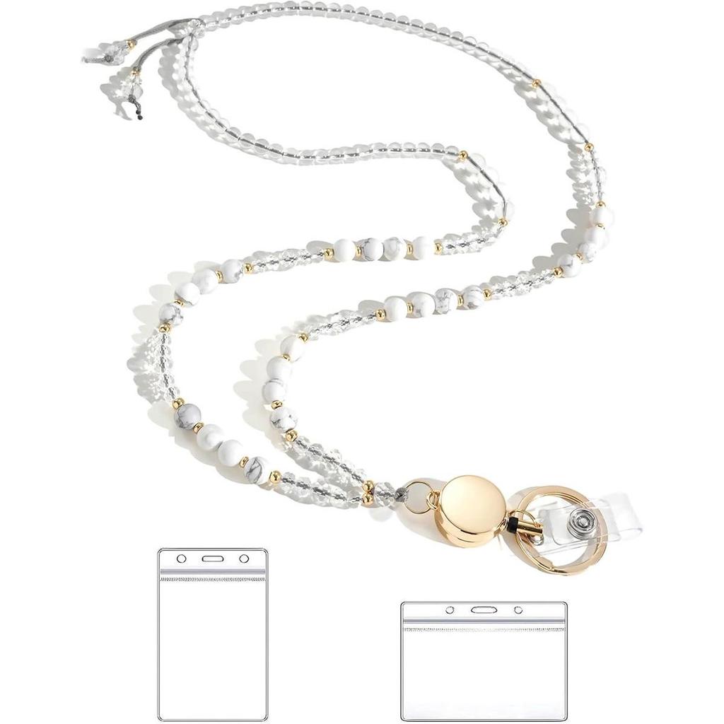 Retractable ID Card Lanyard with Natural Stone Crystal Necklace