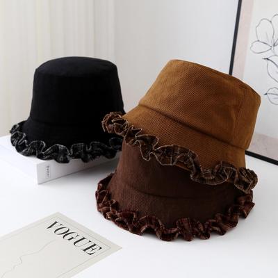 Damen Herbst Retro Minimalistischer Spitzen Samt Bucket Hat - Vielseitig für Großen Kopfumfang