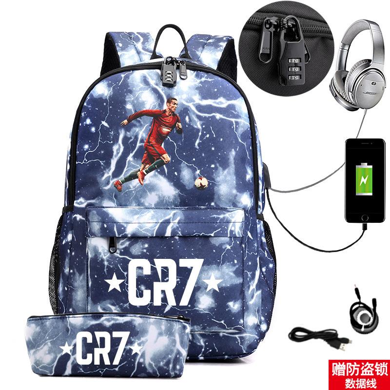 Star Peripheral Printing Cr7 Schoolbag Leisure Travel Multi-Functional Backpack Student Pencil Case Two-Piece Set