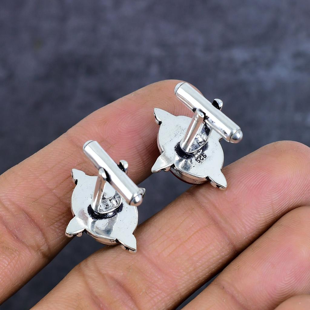 Italian Red Coral Gemstone Handmade 925 Sterling Silver Cufflinks ET-4575