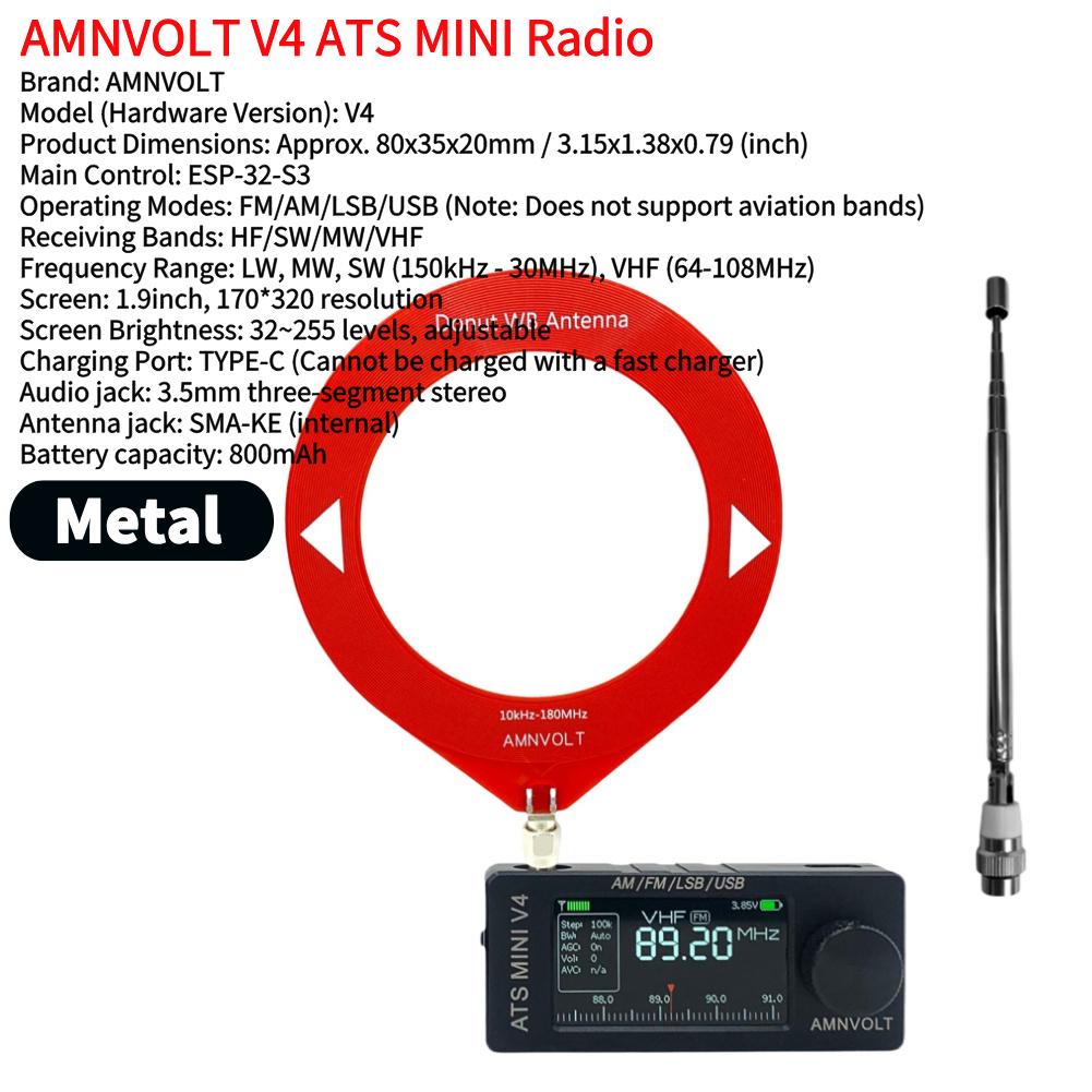 V4 AMNVOLT Mini SI4732 DSP Radio Receiver FM AM SSB LSB USB Mode LSB USB Transistor Pocket Radios 1.9inch IPS Screen ESP-32-S3