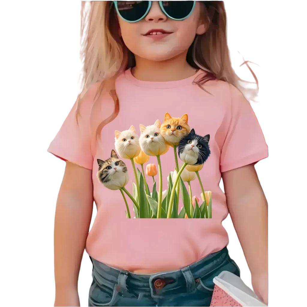 Girl T-Shirt 3D Flower Print T-Shirts for Girls Short Sleeve Children Top Casual Outdoor Girl Clothes 7 to 8 Years Kids T Shirt