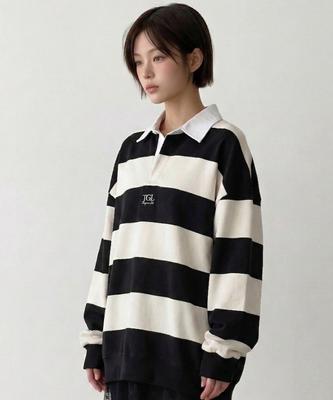 THE GREEN LAB Striped Rugby Collar Sweatshirt [Black]