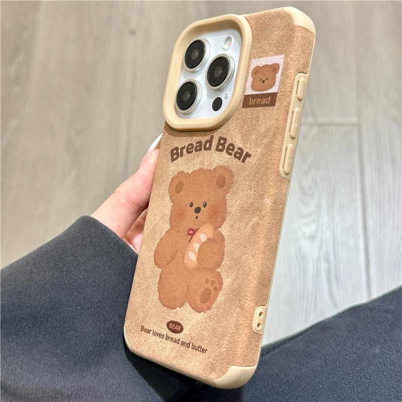 Maillard Style Brown Leather Cute Bread Bear for IPhone16promax for Apple 14 Shell 15 New Style 13