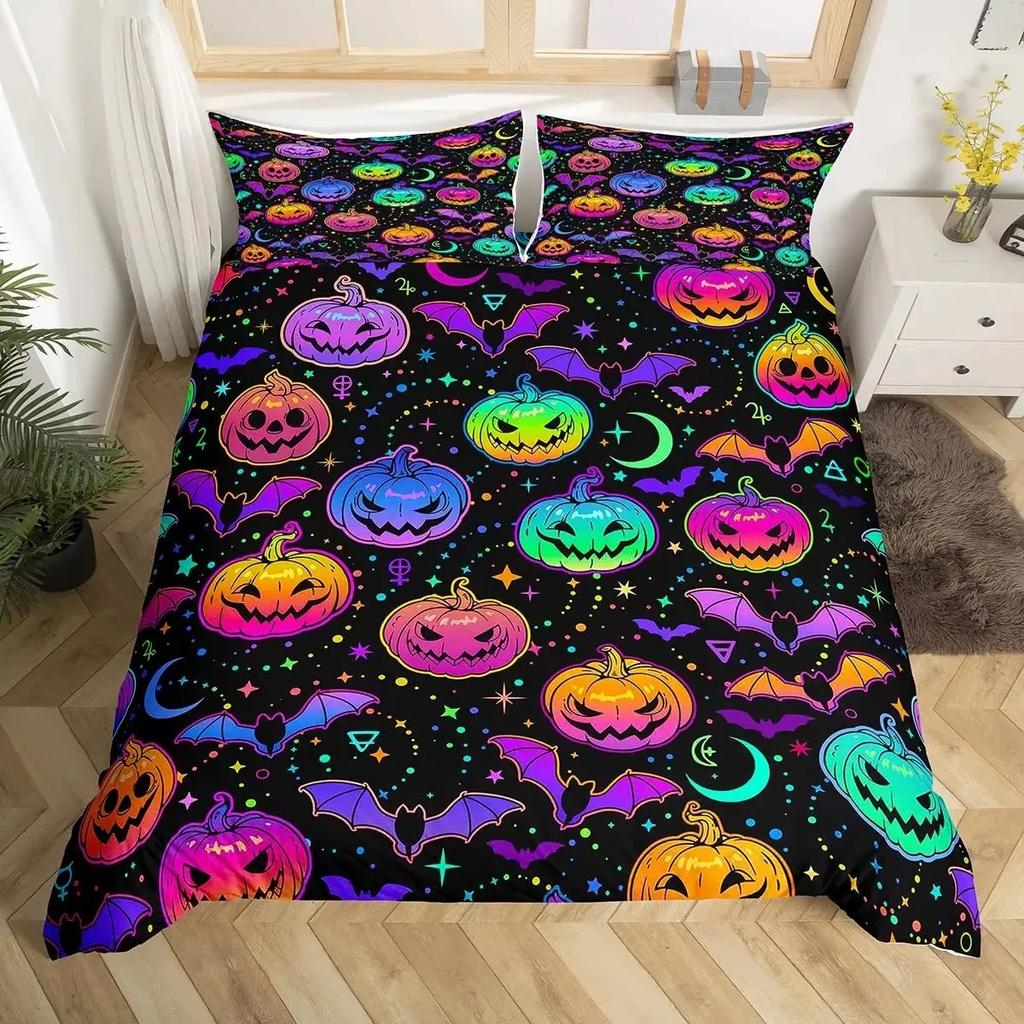 Halloween Duvet Cover Set Gothic Spooky Bedding Sets,Pumpkin Lantern Comforter Cover Horror Ghost Witch Hat Cat Bat Quilt Cover