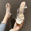 Ladies' Slippers Glitter Slides Fashion Transparent Heel Square Heel 2026 Summer Jelly Luxury Block Crystal