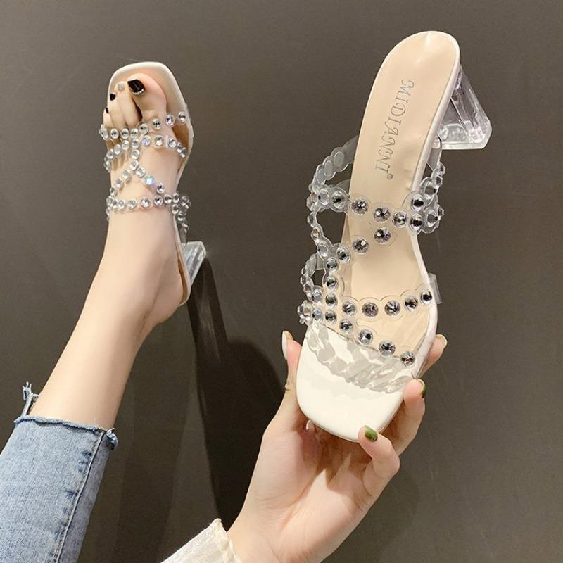 Ladies' Slippers Glitter Slides Fashion Transparent Heel Square Heel 2026 Summer Jelly Luxury Block Crystal