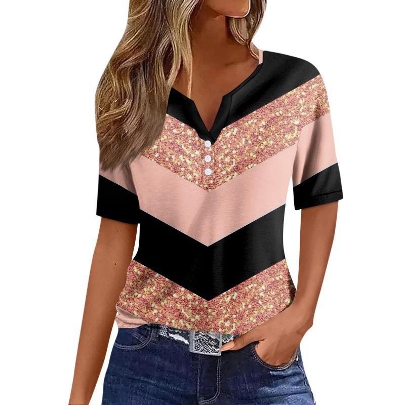 Print Short Sleeve European Style Women Clothing T-Shirt V-Neck
