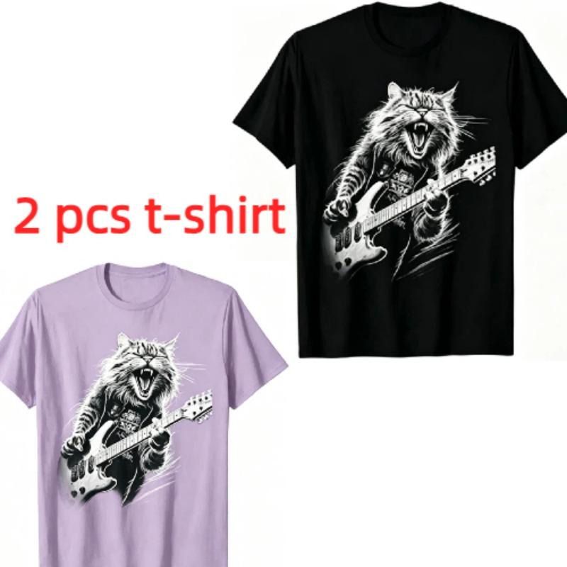 Fun Rock Guitarist Cat Pattern Print Men's T-shirt Summer Men's and Women's Casual Fashion Tops Men's Short Sleeve T-shirt Oversize Clothing