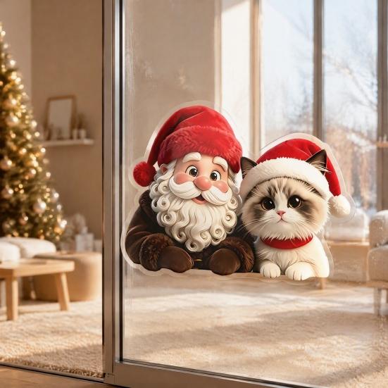Reusable PVC Window Film Christmas Santa Claus & Cat Static Clings, Waterproof Glass Stickers, Holiday Stickers Decorative Decals for Home Doors Store