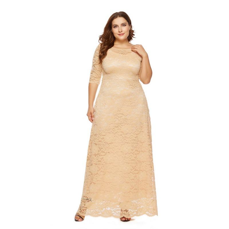 Trendig Plus Size Spetsad Kvällsklänning med Fickor och Urskurna Korta Ärmar
