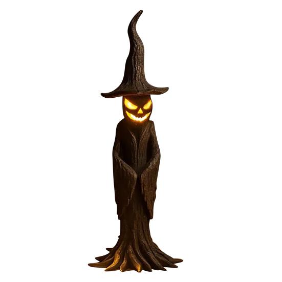 Handmade Resin Stump Witch Statue Lamp with LED Night Light Glowing Gothic Spooky Atmosphere Halloween Decor