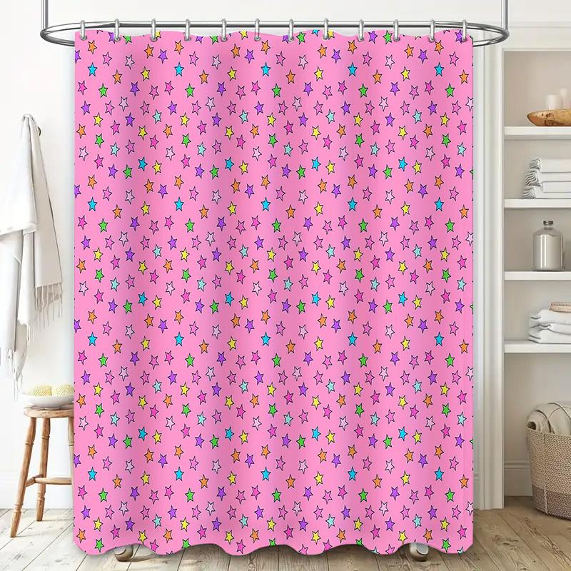 Cute Rainbow Stars Shower Curtain Set Waterproof Bathroom Decor Trendy Aesthetic Room Divider Hippie Colorful Nursery Backdrop