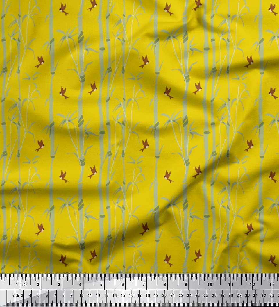 

Японська креп-сатин Soimoi Тканина з принтом птахів і бамбукових дерев 1 метр 42 дюйма 42 Inch Wide - Poly Crepe жовтий