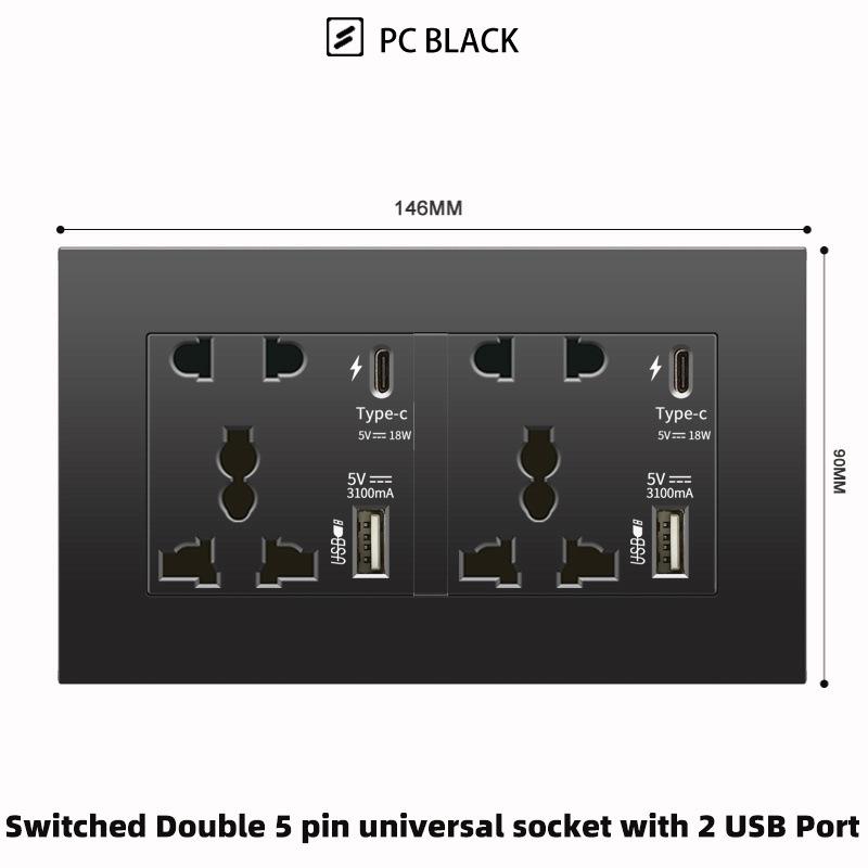 British 13A Socket with USB-C Fast Charging, Hong Kong & Macau Version, Black 3-Hole Square Pin 86 Panel