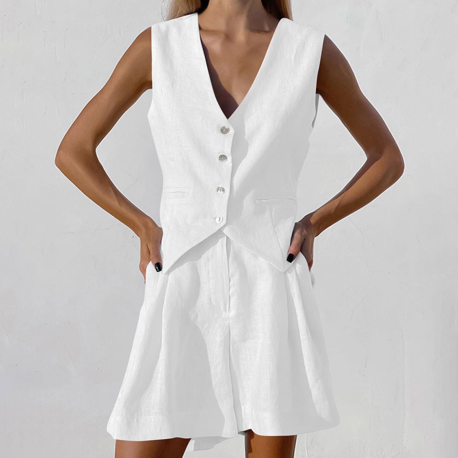 

Женский летний комплект из 2 предметов, однотонная хлопковая рубашка без рукавов на пуговицах, комплект с шортами и топом с v-образным вырезом и шортами с высокой талией S белый