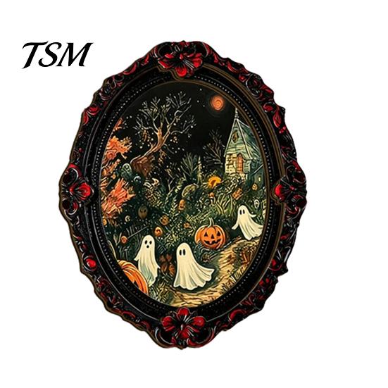 Spooky Witch Castle Wall Art Halloween Wooden Refrigerator Magnets, Vintage Gothic Oval Frame Fridge Magnets with Unique Kitchen Metal Surface