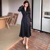 French v-neck black dress women's spring temperament waist thin sexy temperament dress long skirt