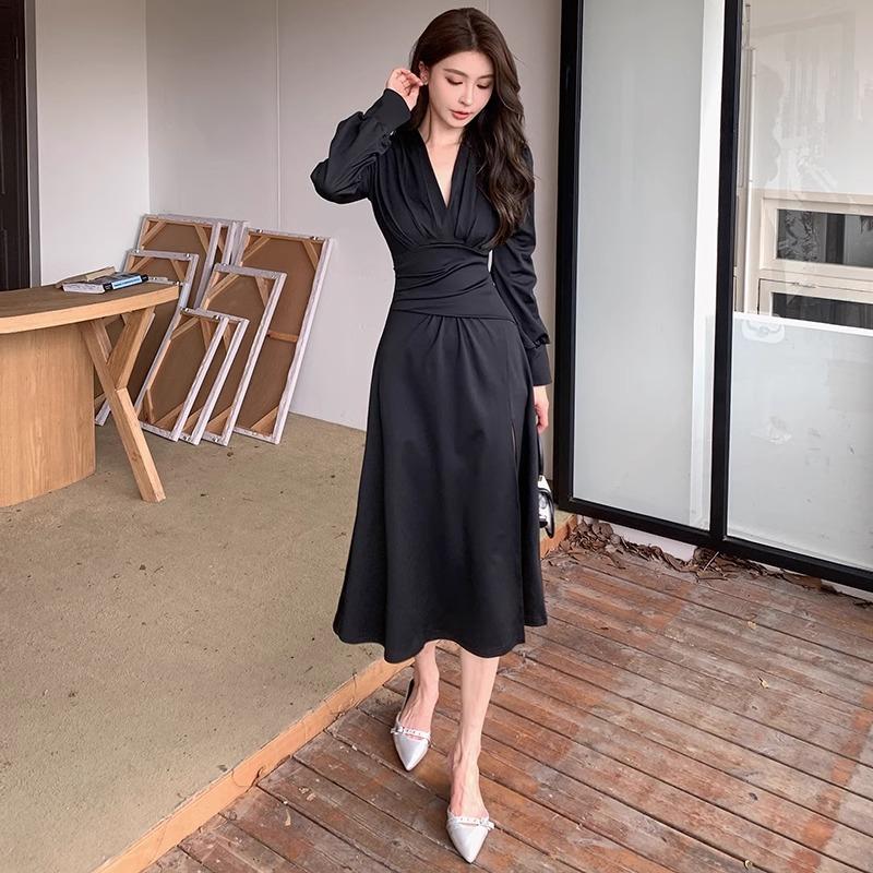 French v-neck black dress women's spring temperament waist thin sexy temperament dress long skirt