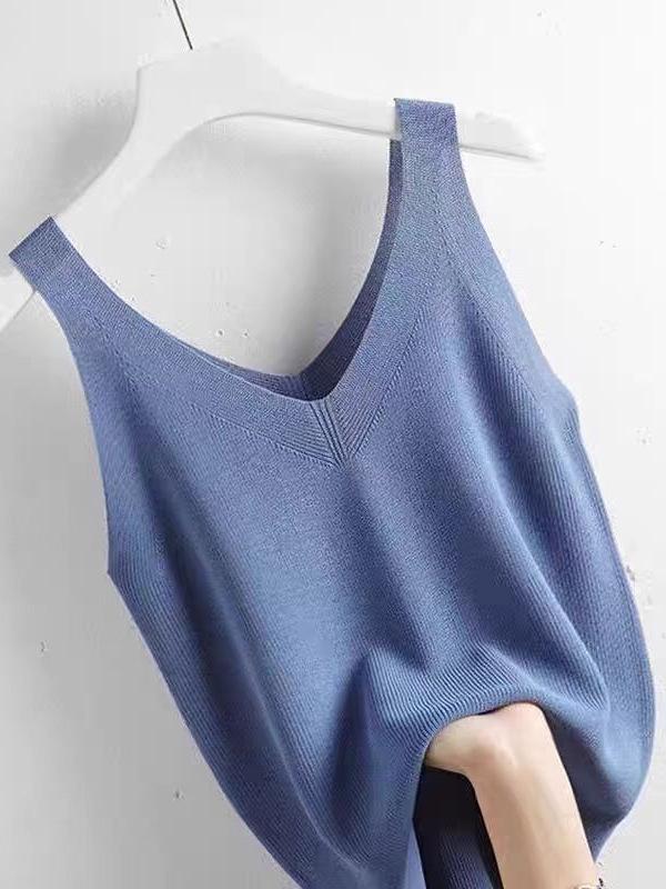 Women's V-Neck Ice Silk Knit Camisole - Sleeveless, Loose Fit, Slimming Summer Pullover.