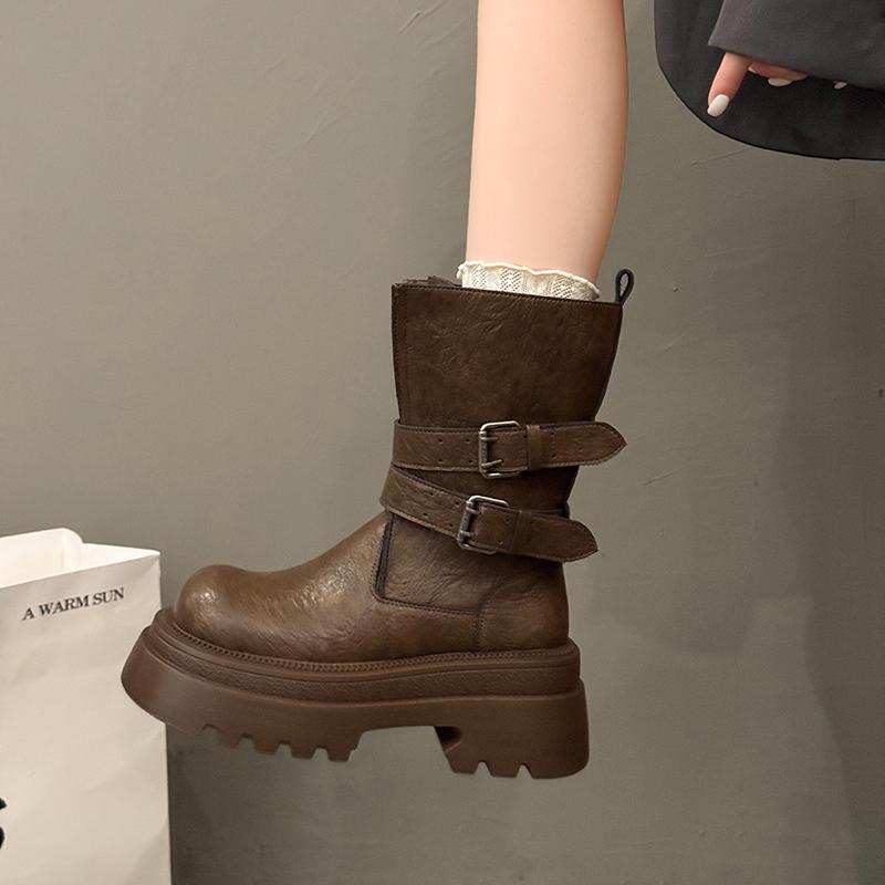 Winter Plateau Dicke Sohle Damen Knöchel Gürtelschnalle Zum Hineinschlüpfen Punk Modern Kurz Stiefel Damen Fußschutz