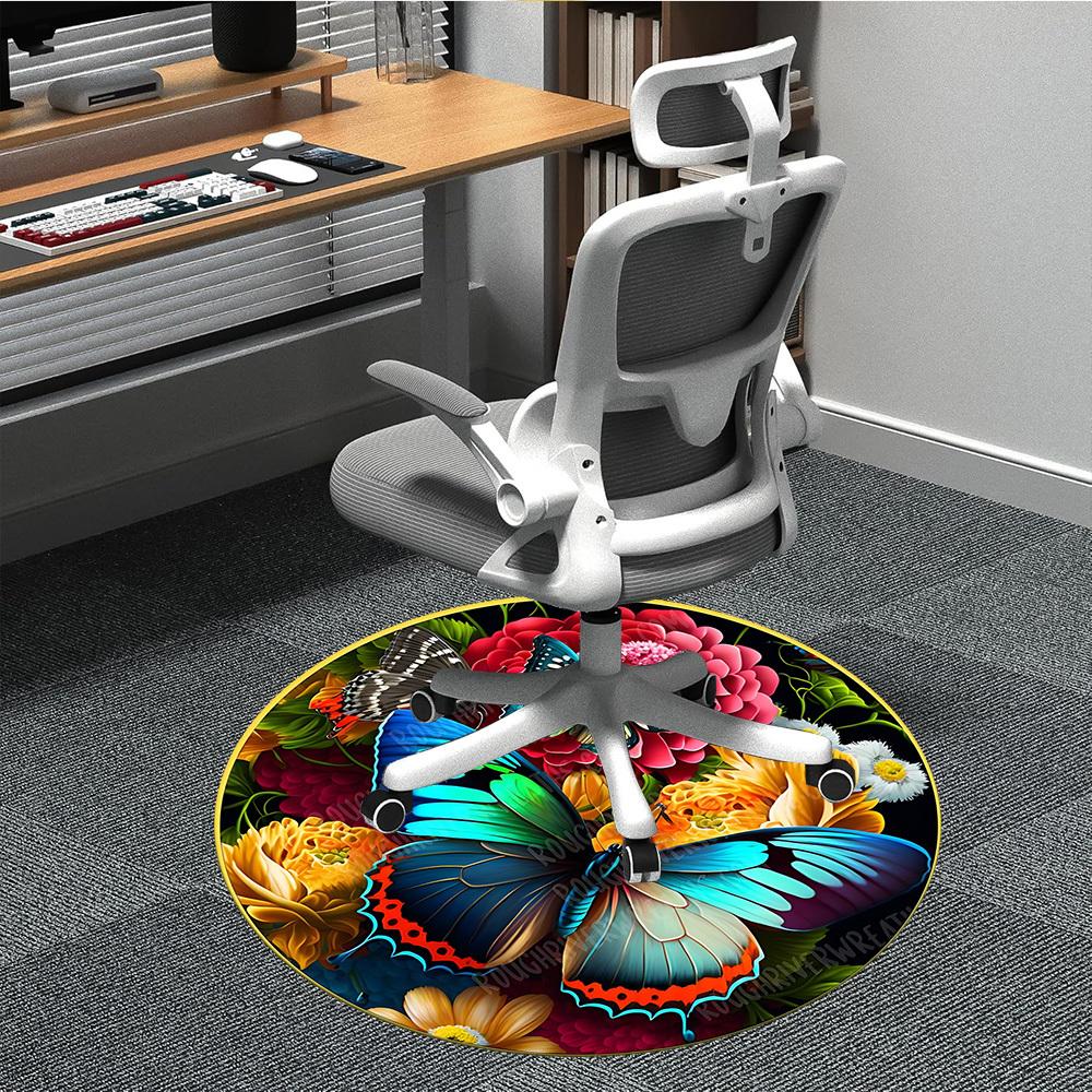 1pc Butterfly Garden Decor Chair Carpet for Office, Round Polyester Mat, Indoor Decor for Office, Easycare Fabric, Washable Non-slip Area Carpet