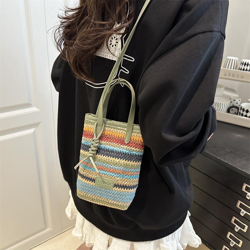 Color Striped Bucket Bag Leather Top Handle Daily Mobile Phone Purse Stripes Woven Crossbody Bag Small Luxury Small Square Bags