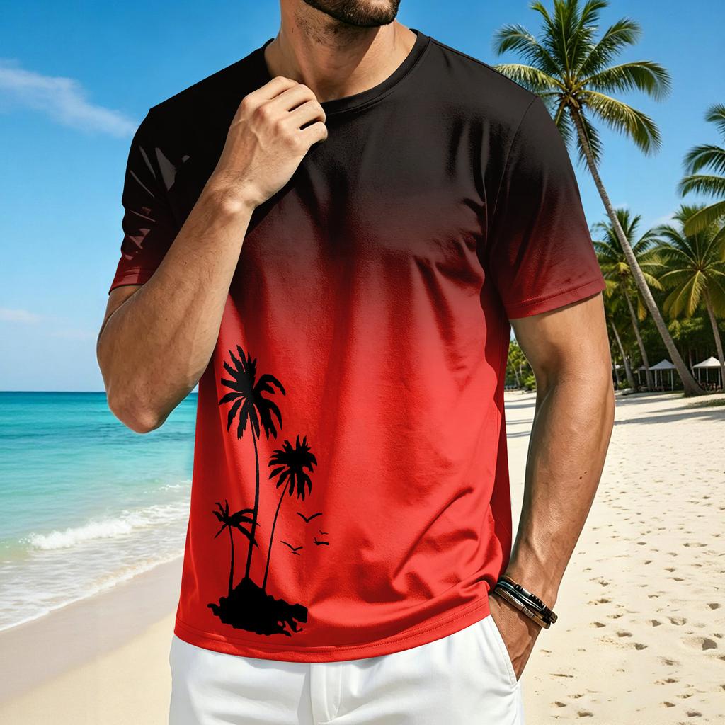 Men’s Summer Crew Neck Short Sleeve T Shirt with Hawaiian Print Casual Comfortable Fit Lightweight Top