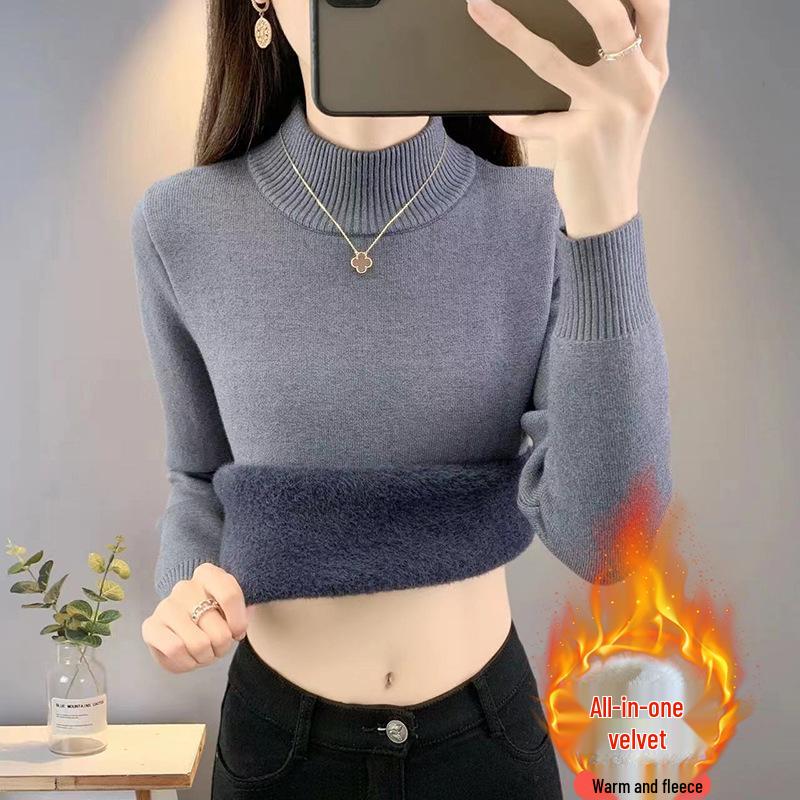 Women's Plus Size Knit Sweater - 2025 Autumn/Winter, Half-High Collar, Thickened Velvet Base Layer