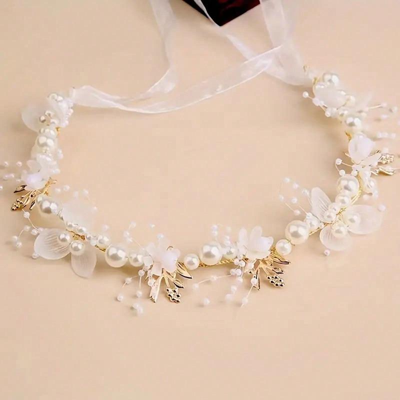 Faux Pearl & Flower Beaded Headband for Bride with Beautiful Floral Wreath Design, Thin Veil, Hair Accessories for Wedding Boho Bow Tiara