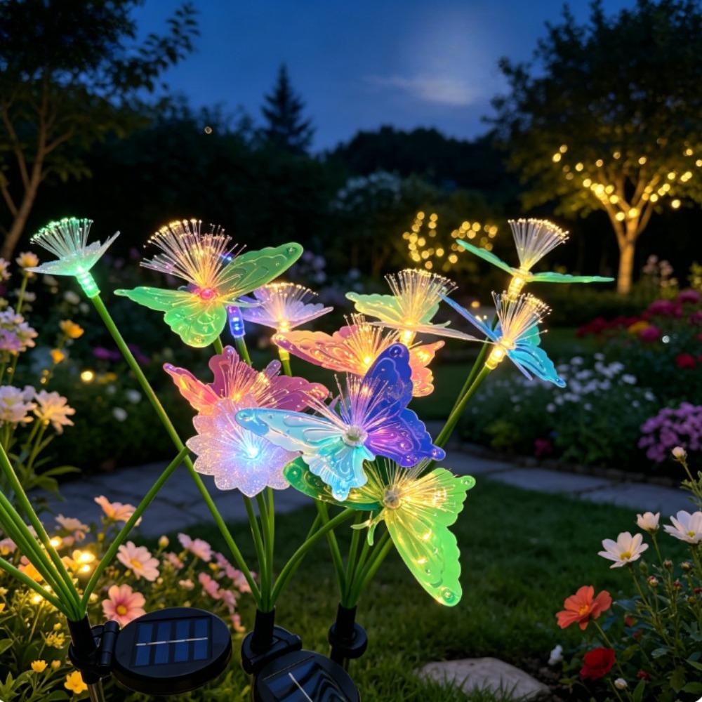 Solar Butterfly & Flower Fiber Optic Lights, Color Changing Landscape Lamp, Outdoor Garden Pathway Stake Light