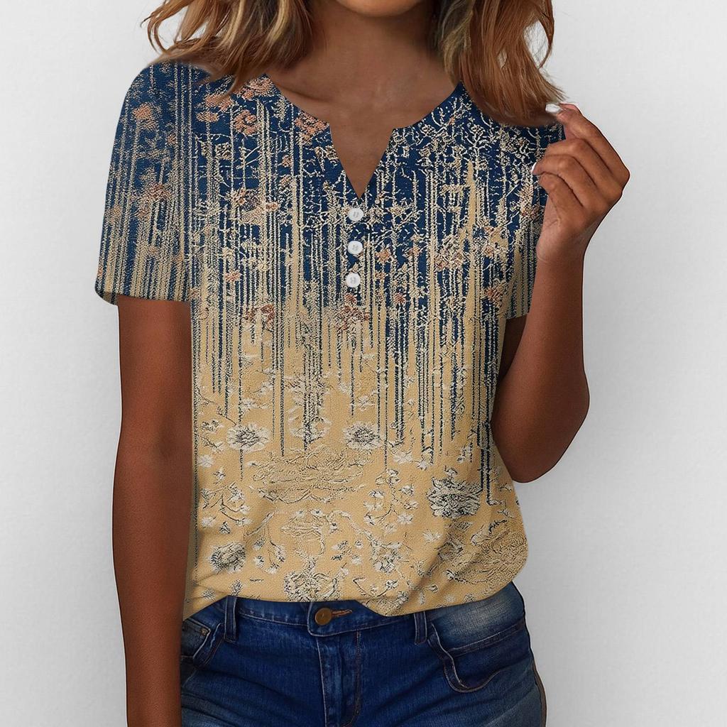 Henley Shirts for Women Womens V Neck Tops Short Sleeve Tops for Women Women Summer Tops Floral Print Casual Blouse