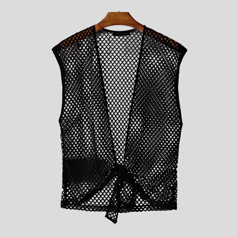 

INCERUN Summer Open Neck Hollow Out Fishnet Twisted Beach Holiday Tank Tops XL чёрный