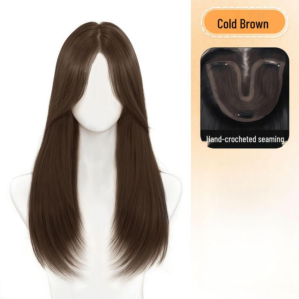 Natural Black Long Straight Hand-Woven Lace Wig Cap - Realistic Invisible Hairpiece for Daily Wear