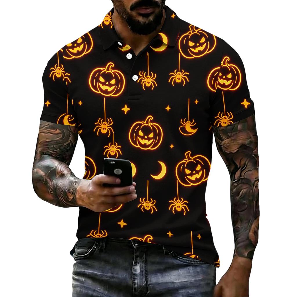 Unisex Loose Fit Casual Short Sleeve Polo Shirt with Halloween Themed Print Pullover Design for Everyday Wear