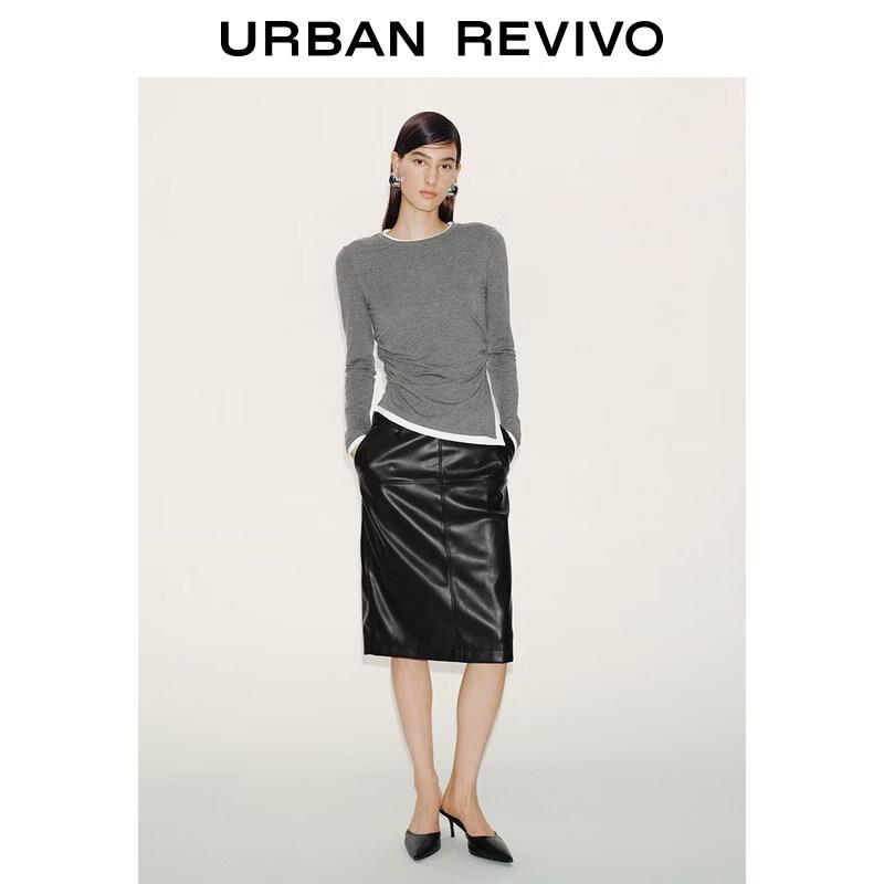 UR2026 Women's Color Block Faux Two-Piece Pleated Waist T-shirt