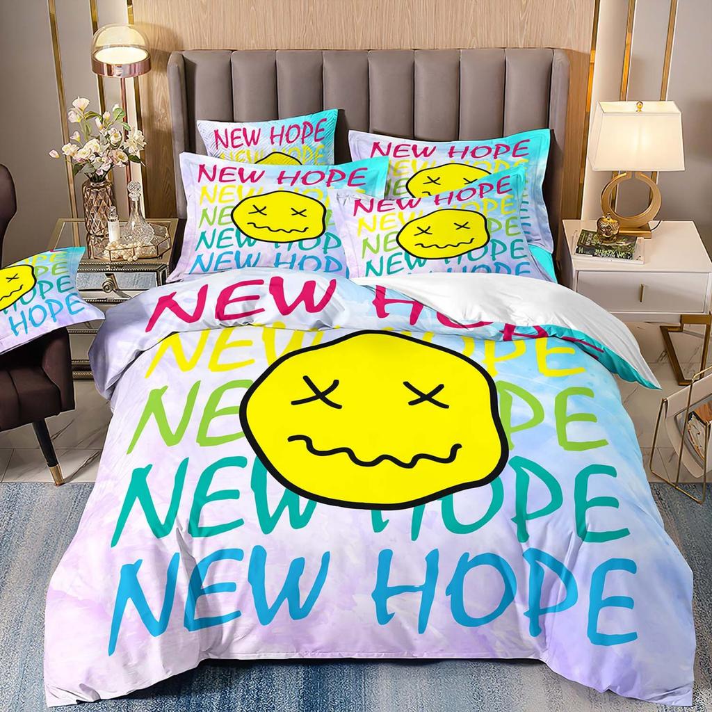 Smiling Face Graffiti Bedding Set Themed Colorful Print Microfiber Student Dormitory Bed Sheet Duvet Cover Kid Gift Home Textile