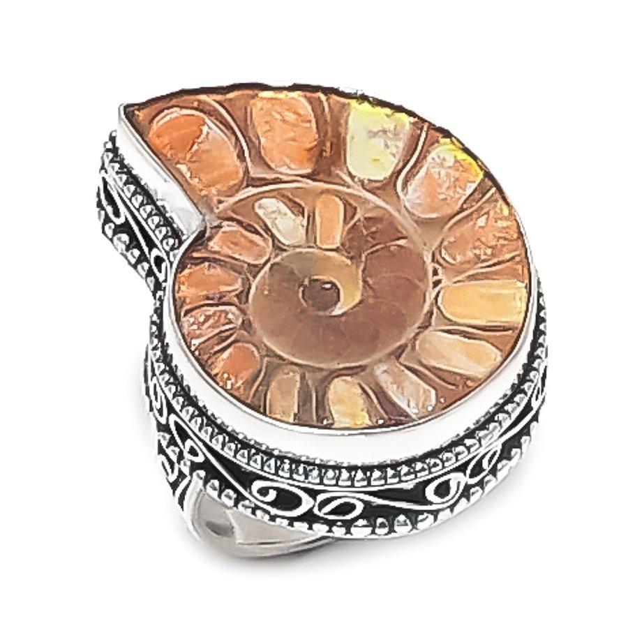 Natural Ammonite Fossil Gemstone 925 Sterling Silver Jewelry Ring Size 8 z0w77