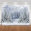 2D White Winter Christmas Backdrop, Snowy Pine Tree Forest Scene Background for Party Decoration
