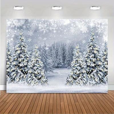2D White Winter Christmas Backdrop, Snowy Pine Tree Forest Scene Background for Party Decoration